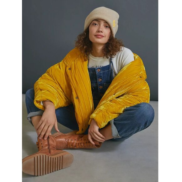 OOF WEAR Womens Velvet Puffer Bomber Jacket Sunflower Golden Yellow Anthro - Picture 7 of 13